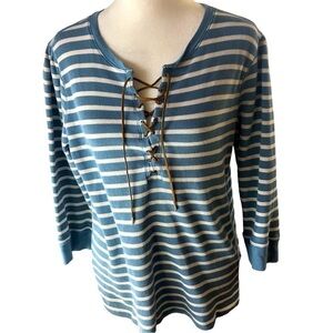 Lauren Ralph Lauren Tee Women XL Blue White Horizontal Stripe  Rawhide Lace